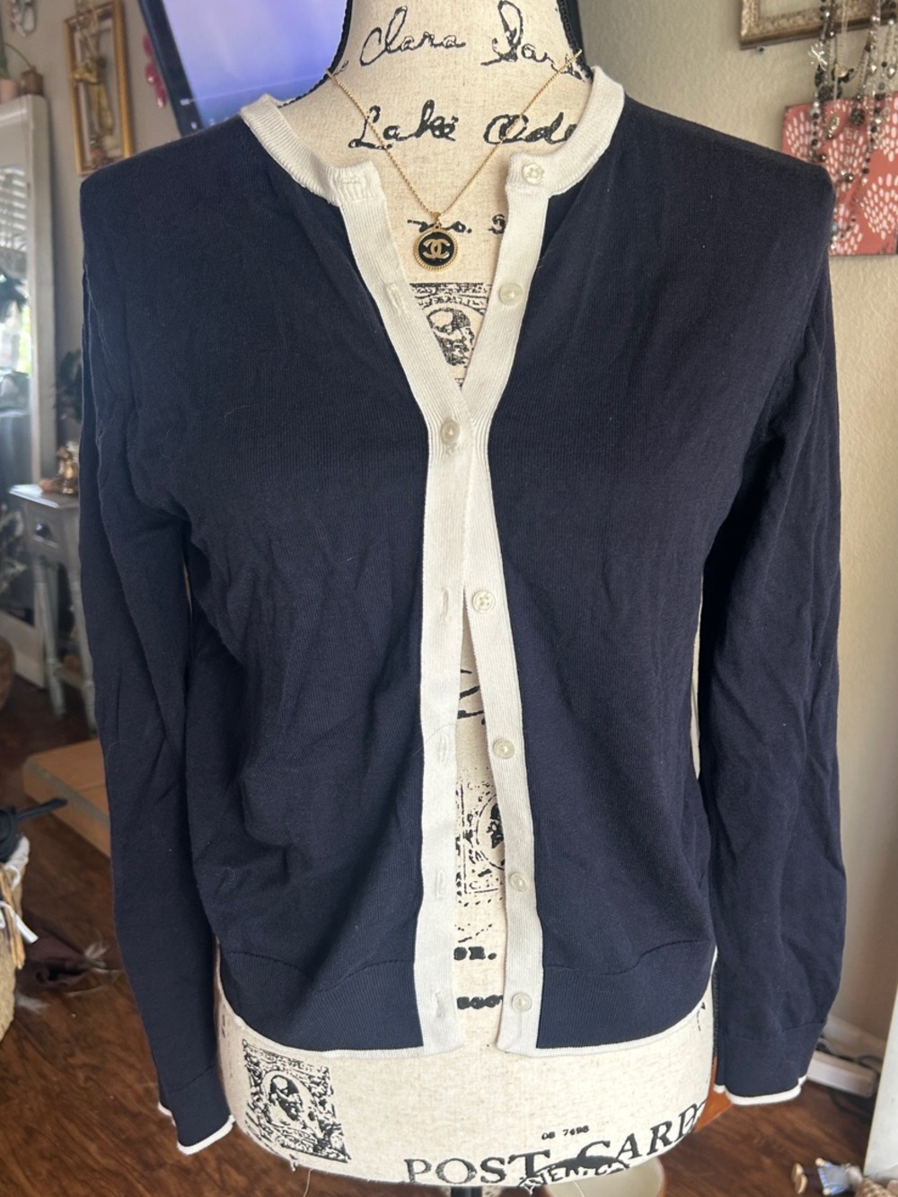 Uniqlo Navy Cardigan with Cream Trim